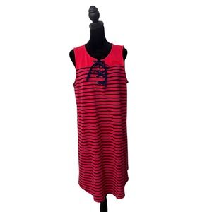 Talbots Striped Lace Up Dress‎ Size L Red Blue Sleeveless Preppy Nautical Cotton